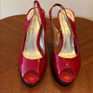 Jessica Simpson peep toe sling back heels  patent leather  worn once Cherry Red
